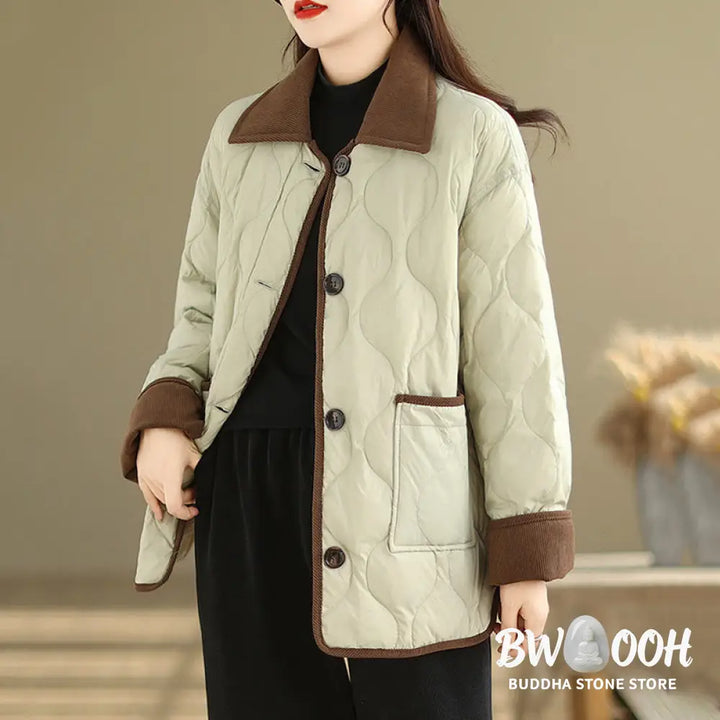 Buddha Stones Contrasting Color Lapel Women’s Long Sleeve Cotton Jacket With Pockets - Women’s Jacket