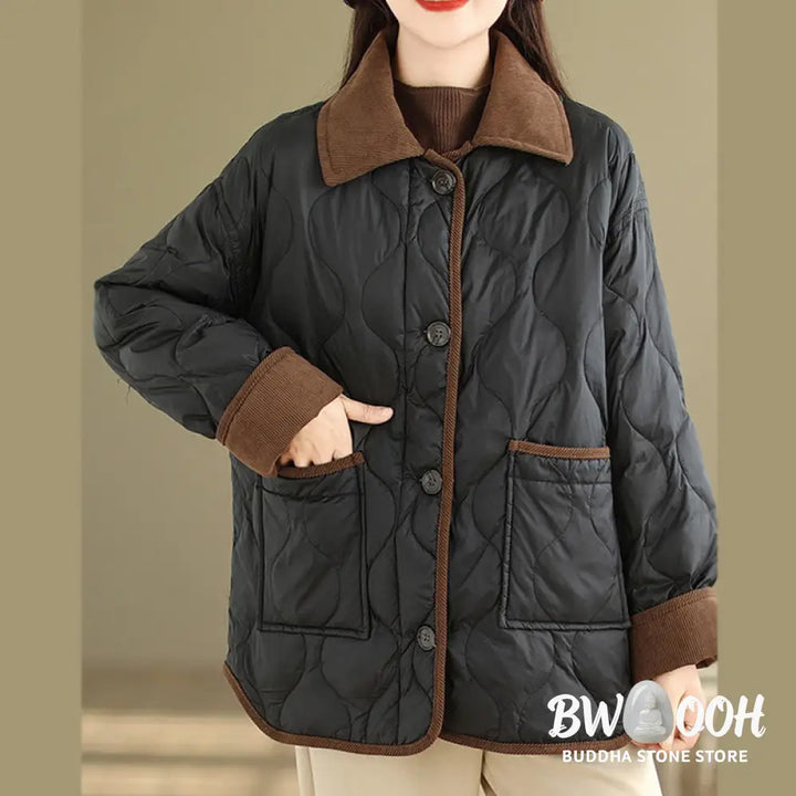 Buddha Stones Contrasting Color Lapel Women’s Long Sleeve Cotton Jacket With Pockets - Women’s Jacket