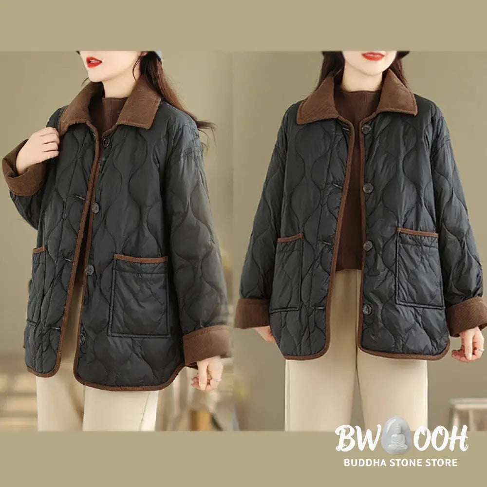 Buddha Stones Contrasting Color Lapel Women’s Long Sleeve Cotton Jacket With Pockets - Women’s Jacket