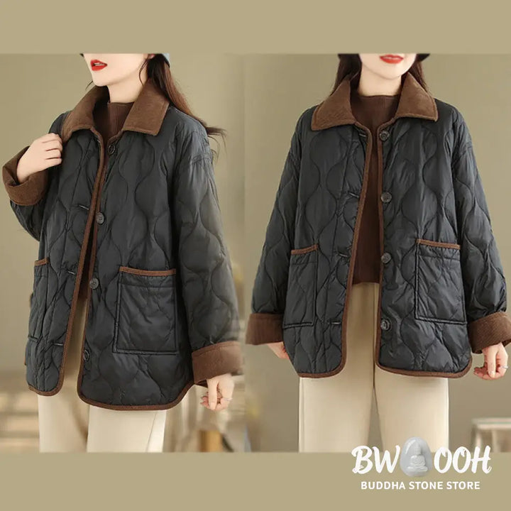 Buddha Stones Contrasting Color Lapel Women’s Long Sleeve Cotton Jacket With Pockets - Women’s Jacket