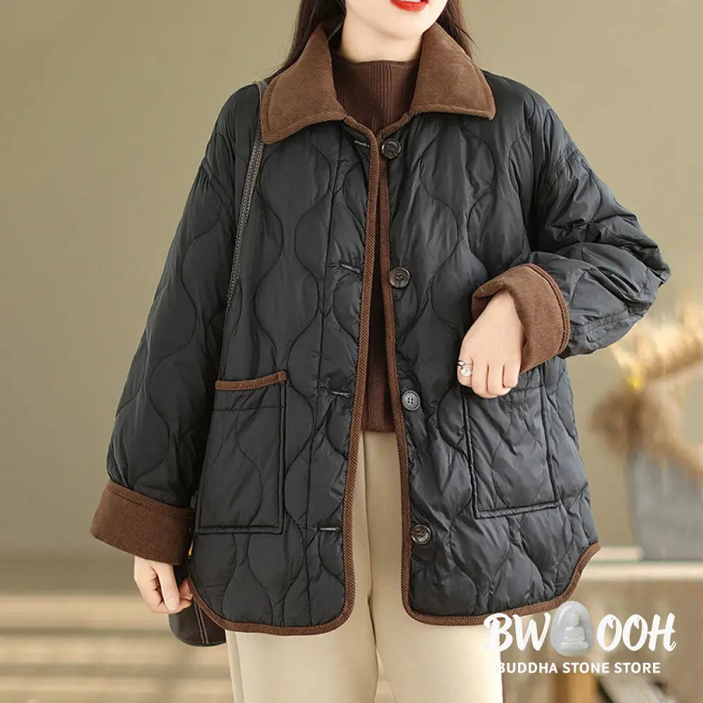 Buddha Stones Contrasting Color Lapel Women’s Long Sleeve Cotton Jacket With Pockets - Women’s Jacket