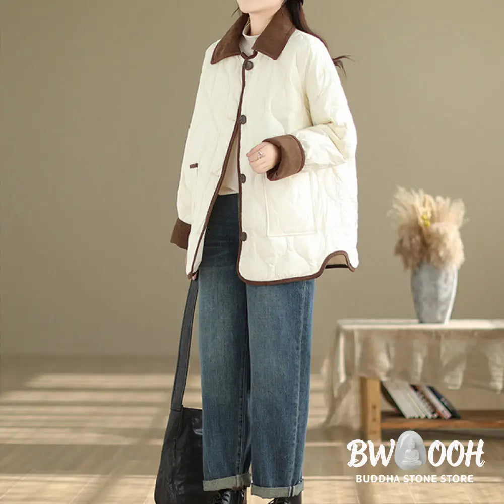 Buddha Stones Contrasting Color Lapel Women’s Long Sleeve Cotton Jacket With Pockets - Women’s Jacket