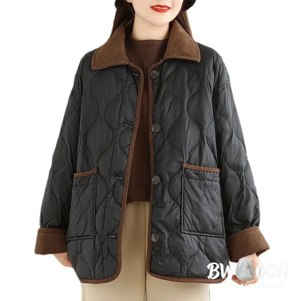 Buddha Stones Contrasting Color Lapel Women’s Long Sleeve Cotton Jacket With Pockets - Women’s Jacket