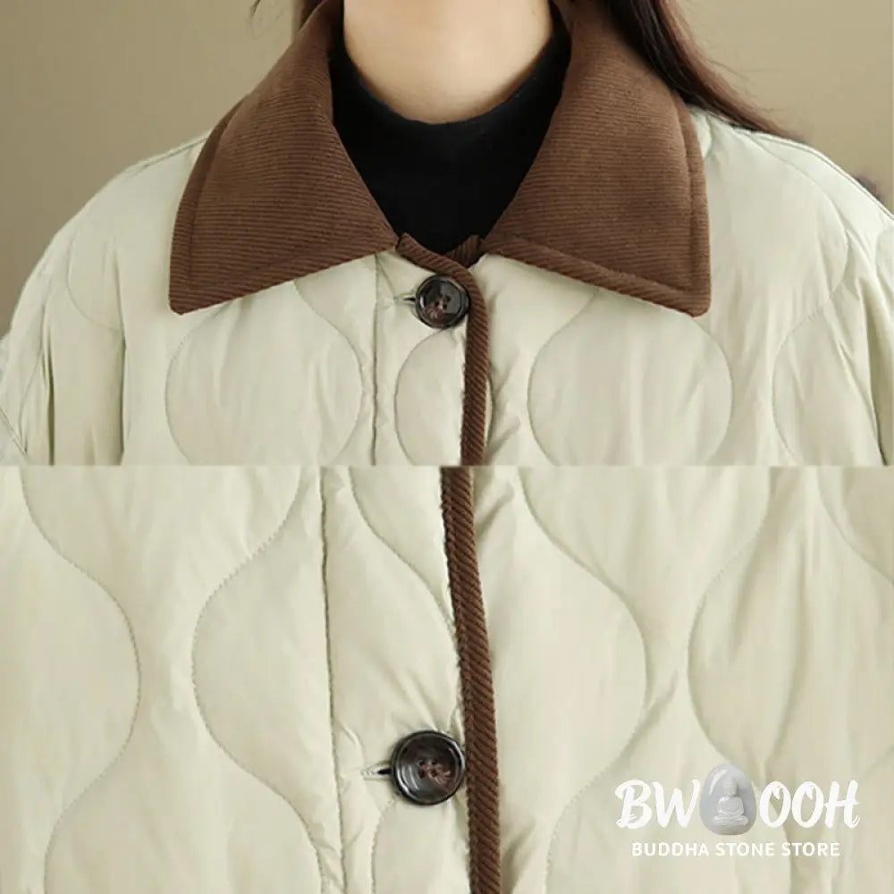 Buddha Stones Contrasting Color Lapel Women’s Long Sleeve Cotton Jacket With Pockets - Women’s Jacket