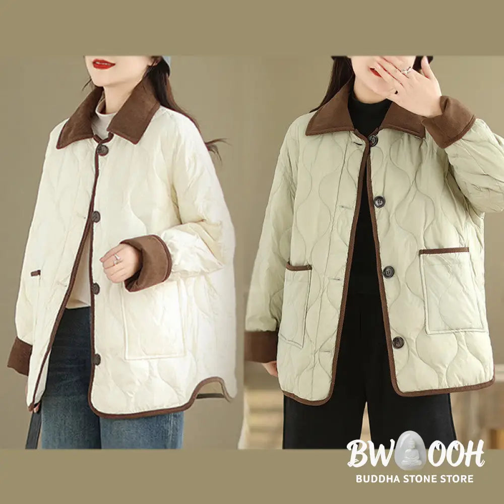 Buddha Stones Contrasting Color Lapel Women’s Long Sleeve Cotton Jacket With Pockets - Women’s Jacket