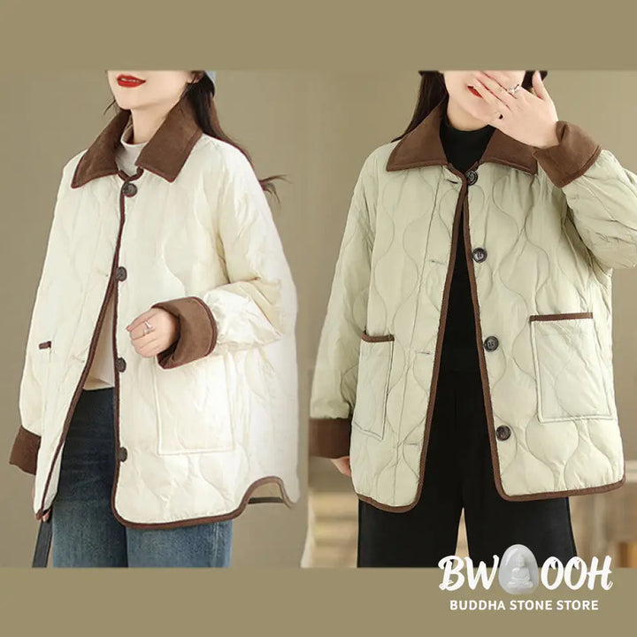 Buddha Stones Contrasting Color Lapel Women’s Long Sleeve Cotton Jacket With Pockets - Women’s Jacket
