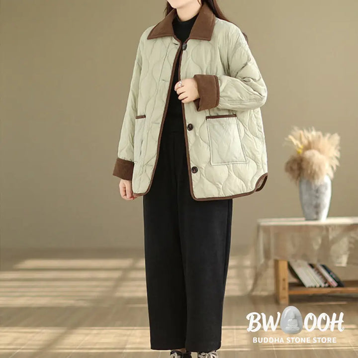 Buddha Stones Contrasting Color Lapel Women’s Long Sleeve Cotton Jacket With Pockets - Women’s Jacket