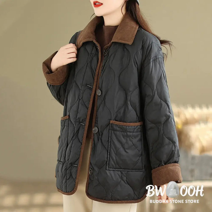 Buddha Stones Contrasting Color Lapel Women’s Long Sleeve Cotton Jacket With Pockets - Women’s Jacket