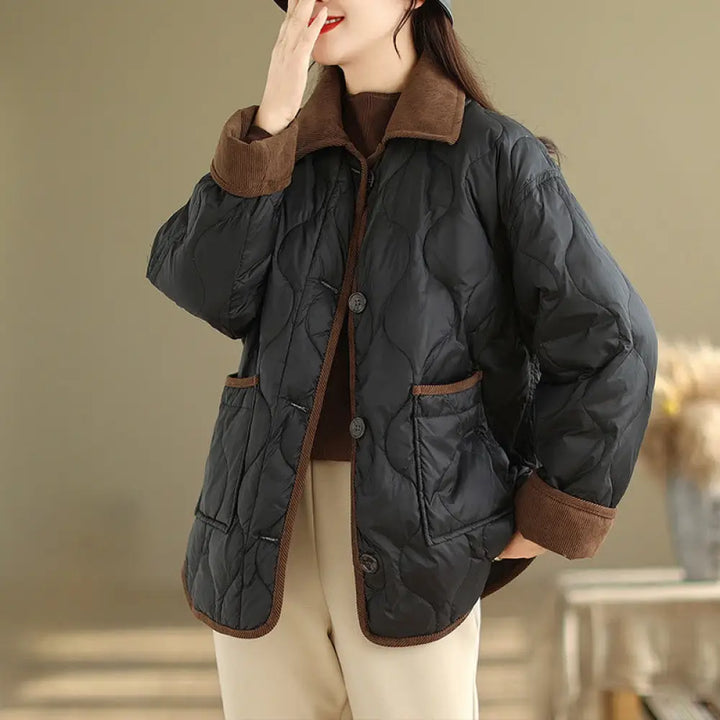 Buddha Stones Contrasting Color Lapel Women’s Long Sleeve Cotton Jacket With Pockets - Black / US6，UK/AU10，EU38 (M)