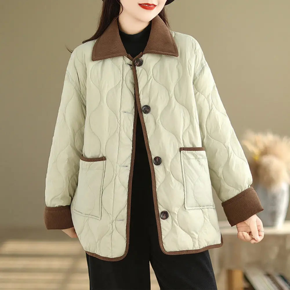 Buddha Stones Contrasting Color Lapel Women’s Long Sleeve Cotton Jacket With Pockets - PaleGoldenrod / US6，UK/AU10，EU38