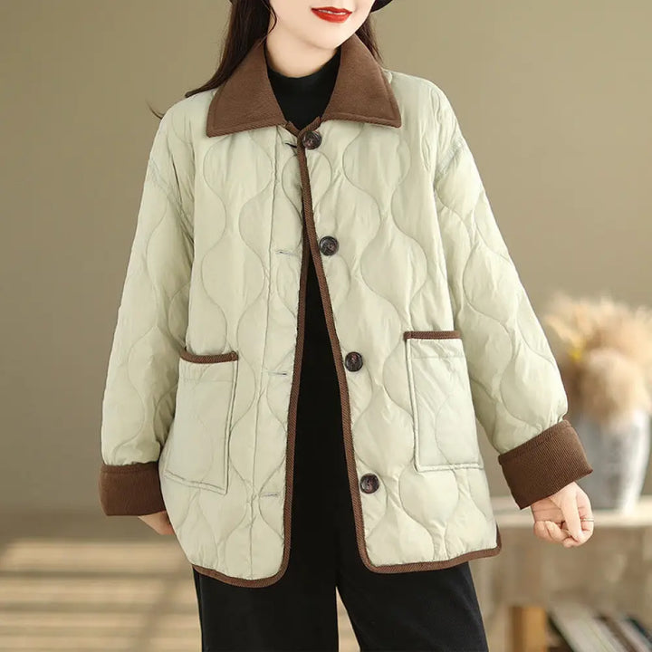 Buddha Stones Contrasting Color Lapel Women’s Long Sleeve Cotton Jacket With Pockets - PaleGoldenrod / US6，UK/AU10，EU38