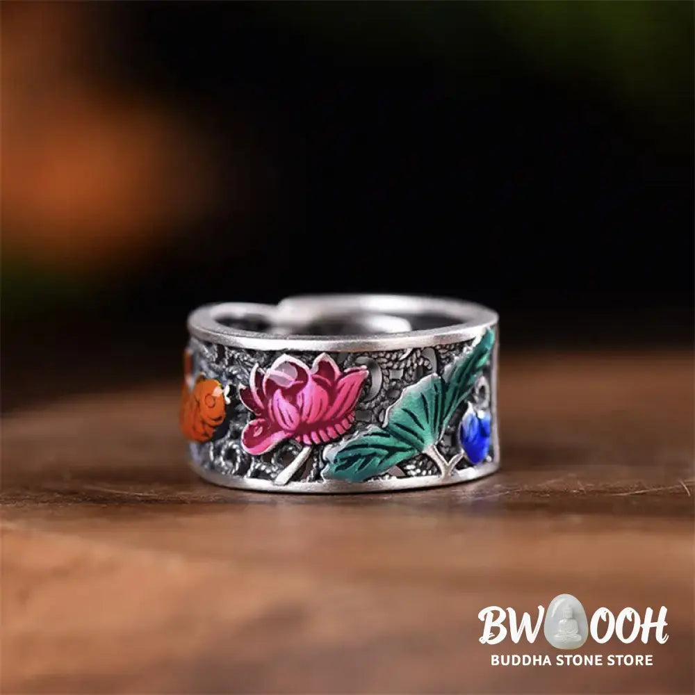 Buddha Stones Copper Blue Enamel Lotus Heart Sutra Koi Fish Luck Ring - Lotus Heart Sutra Koi Fish - Ring