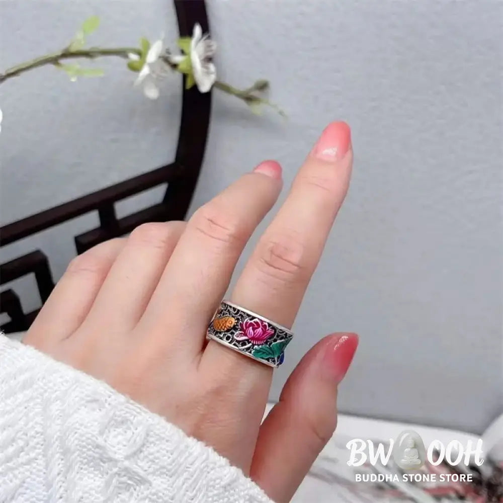 Buddha Stones Copper Blue Enamel Lotus Heart Sutra Koi Fish Luck Ring - Lotus Heart Sutra Koi Fish - Ring