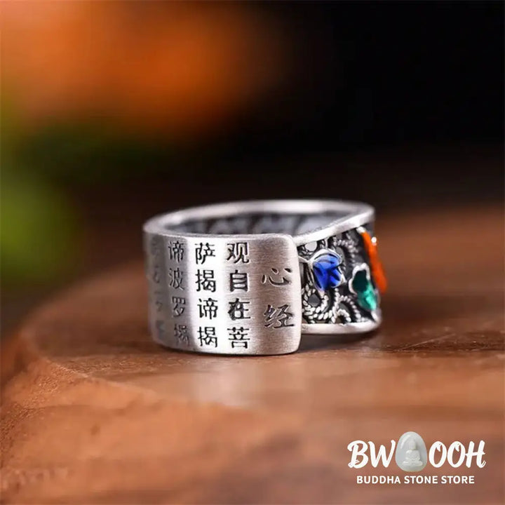 Buddha Stones Copper Blue Enamel Lotus Heart Sutra Koi Fish Luck Ring - Lotus Heart Sutra Koi Fish - Ring