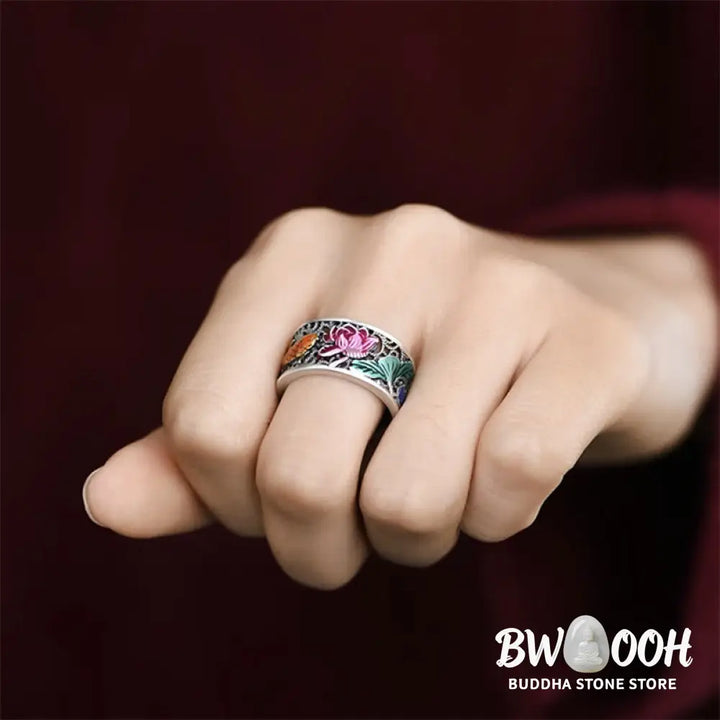 Buddha Stones Copper Blue Enamel Lotus Heart Sutra Koi Fish Luck Ring - Lotus Heart Sutra Koi Fish - Ring