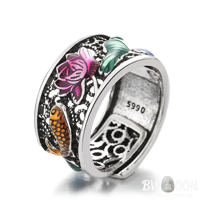 Buddha Stones Copper Blue Enamel Lotus Heart Sutra Koi Fish Luck Ring - Lotus Heart Sutra Koi Fish - Ring