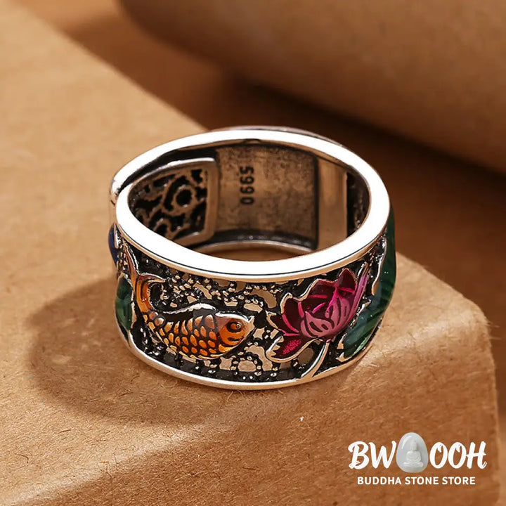 Buddha Stones Copper Blue Enamel Lotus Heart Sutra Koi Fish Luck Ring - Lotus Heart Sutra Koi Fish - Ring