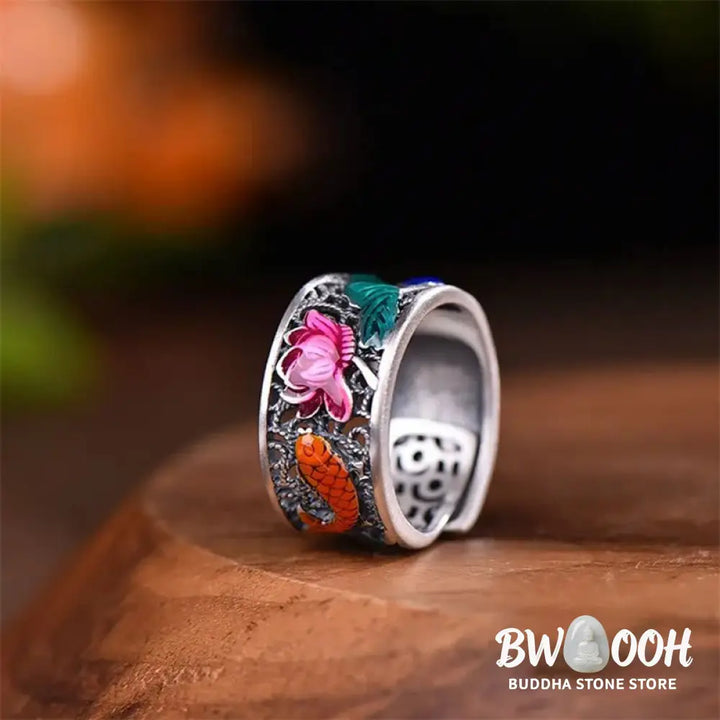 Buddha Stones Copper Blue Enamel Lotus Heart Sutra Koi Fish Luck Ring - Lotus Heart Sutra Koi Fish - Ring
