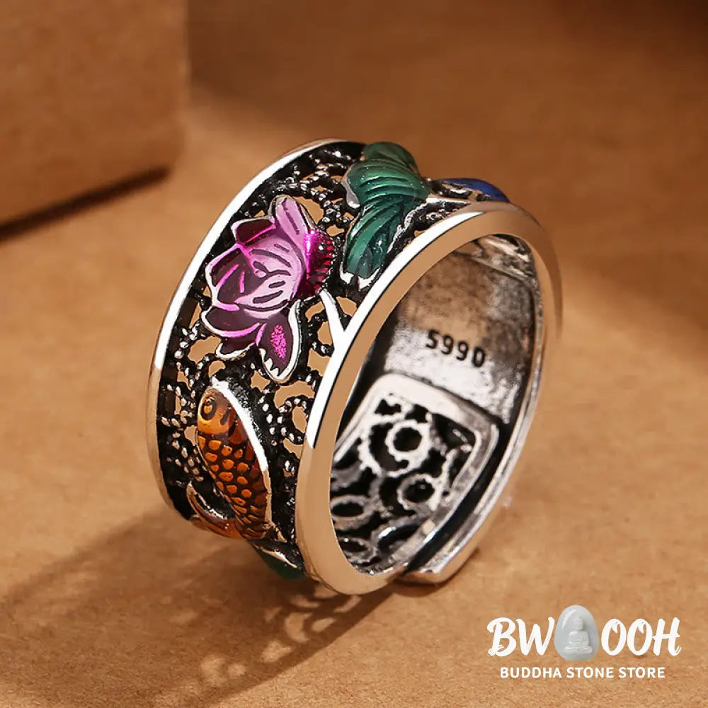 Buddha Stones Copper Blue Enamel Lotus Heart Sutra Koi Fish Luck Ring - Lotus Heart Sutra Koi Fish - Ring