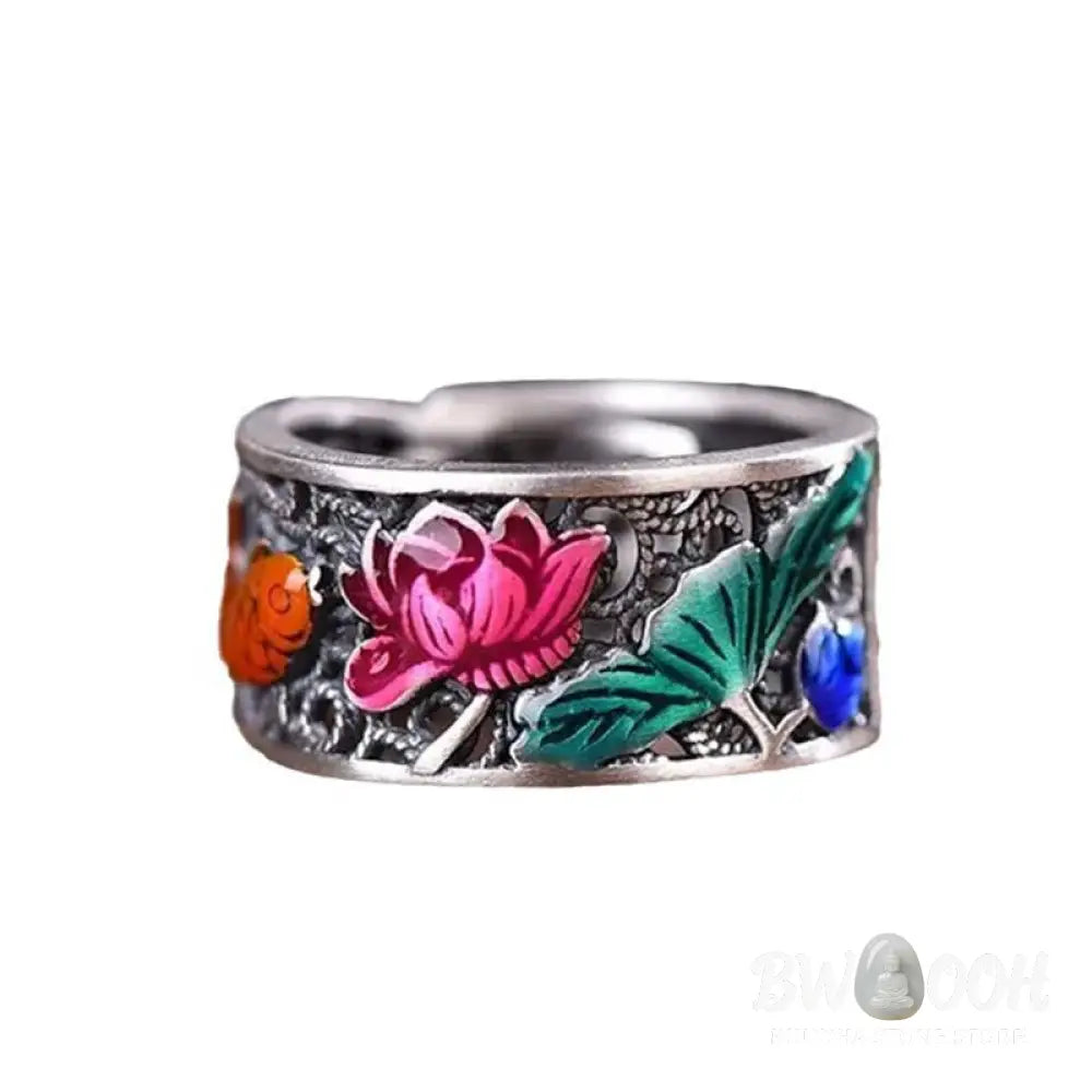 Buddha Stones Copper Blue Enamel Lotus Heart Sutra Koi Fish Luck Ring - Lotus Heart Sutra Koi Fish - Ring