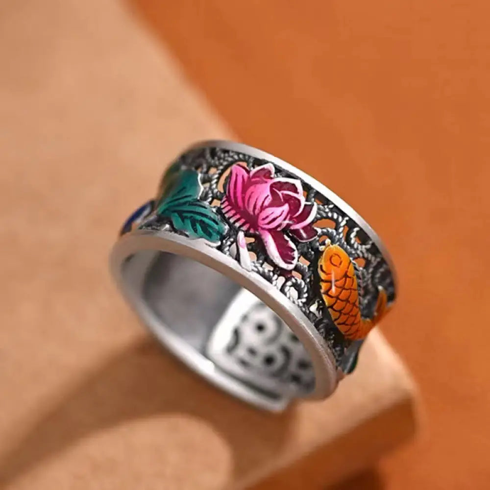 BWOOOH Copper Blue Enamel Lotus Heart Sutra Koi Fish Luck Ring — Copper spiritual jewelry for spiritual healing and mindfu...