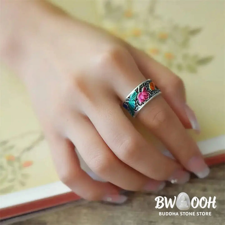 Buddha Stones Copper Blue Enamel Lotus Heart Sutra Koi Fish Luck Ring - Lotus Heart Sutra Koi Fish - Ring