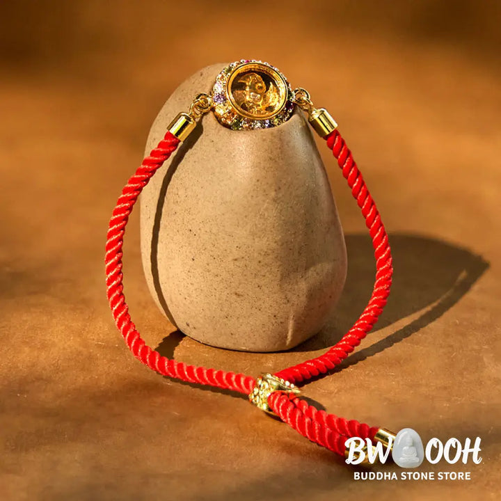 Buddha Stones Copper Brass Color Rotatable Windmill Feng Sheng Shui Qi Fu Red String Faith Braided Bracelet - BWOOOH