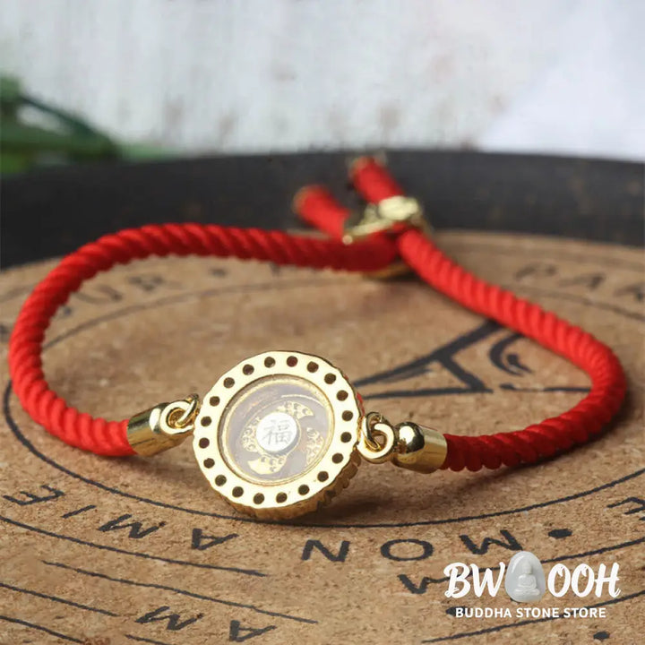 Buddha Stones Copper Brass Color Rotatable Windmill Feng Sheng Shui Qi Fu Red String Faith Braided Bracelet - BWOOOH