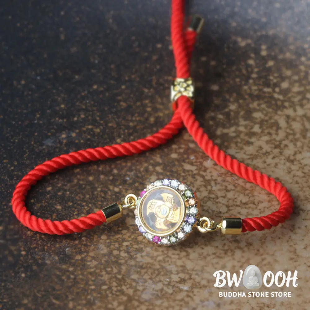 Buddha Stones Copper Brass Color Rotatable Windmill Feng Sheng Shui Qi Fu Red String Faith Braided Bracelet - BWOOOH