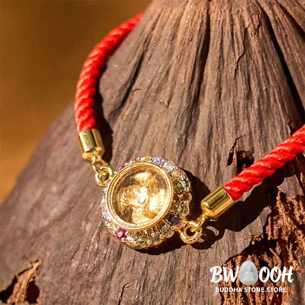 Buddha Stones Copper Brass Color Rotatable Windmill Feng Sheng Shui Qi Fu Red String Faith Braided Bracelet - BWOOOH