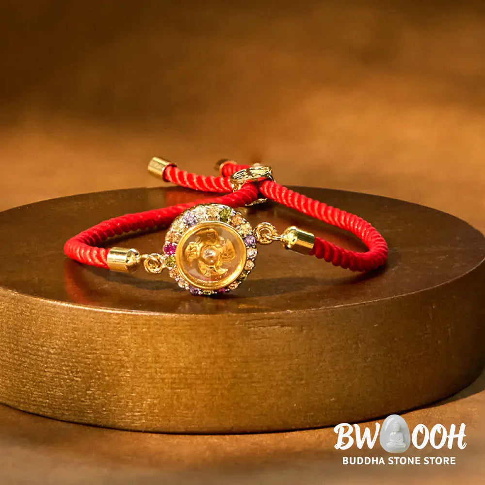 Buddha Stones Copper Brass Color Rotatable Windmill Feng Sheng Shui Qi Fu Red String Faith Braided Bracelet - BWOOOH