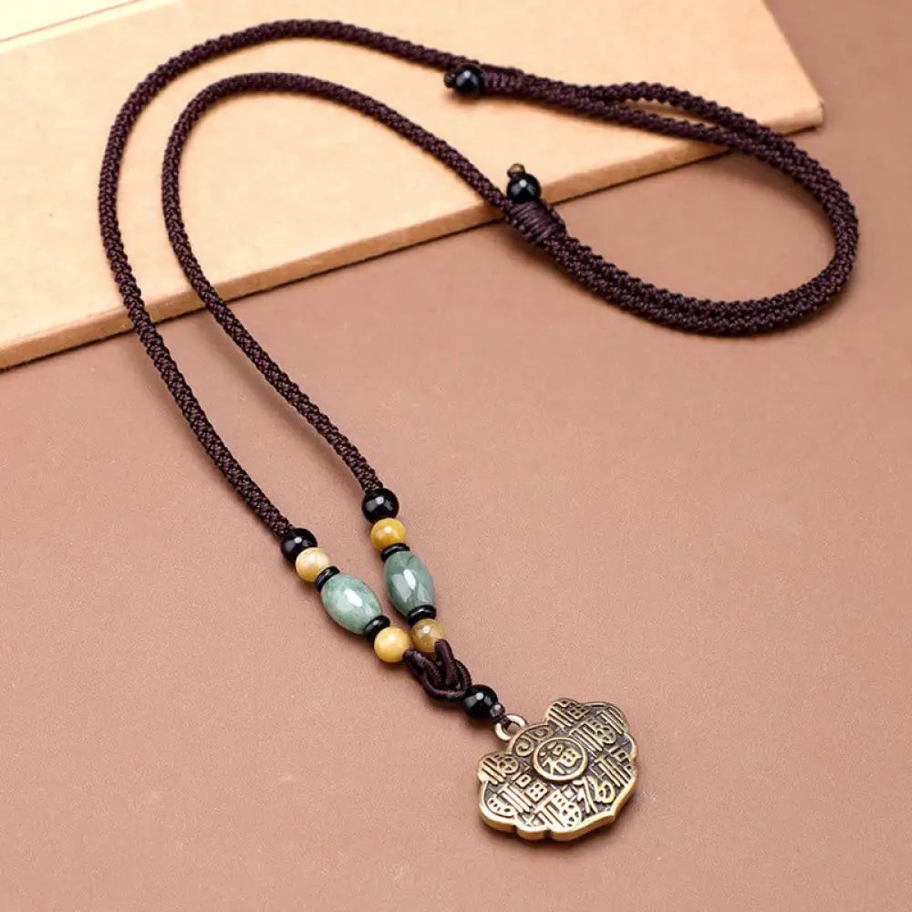 Buddha Stones Copper Brass Fu Character Luck Fortune Rope Necklace Pendant - BWOOOH - Fu Character - Necklaces &
