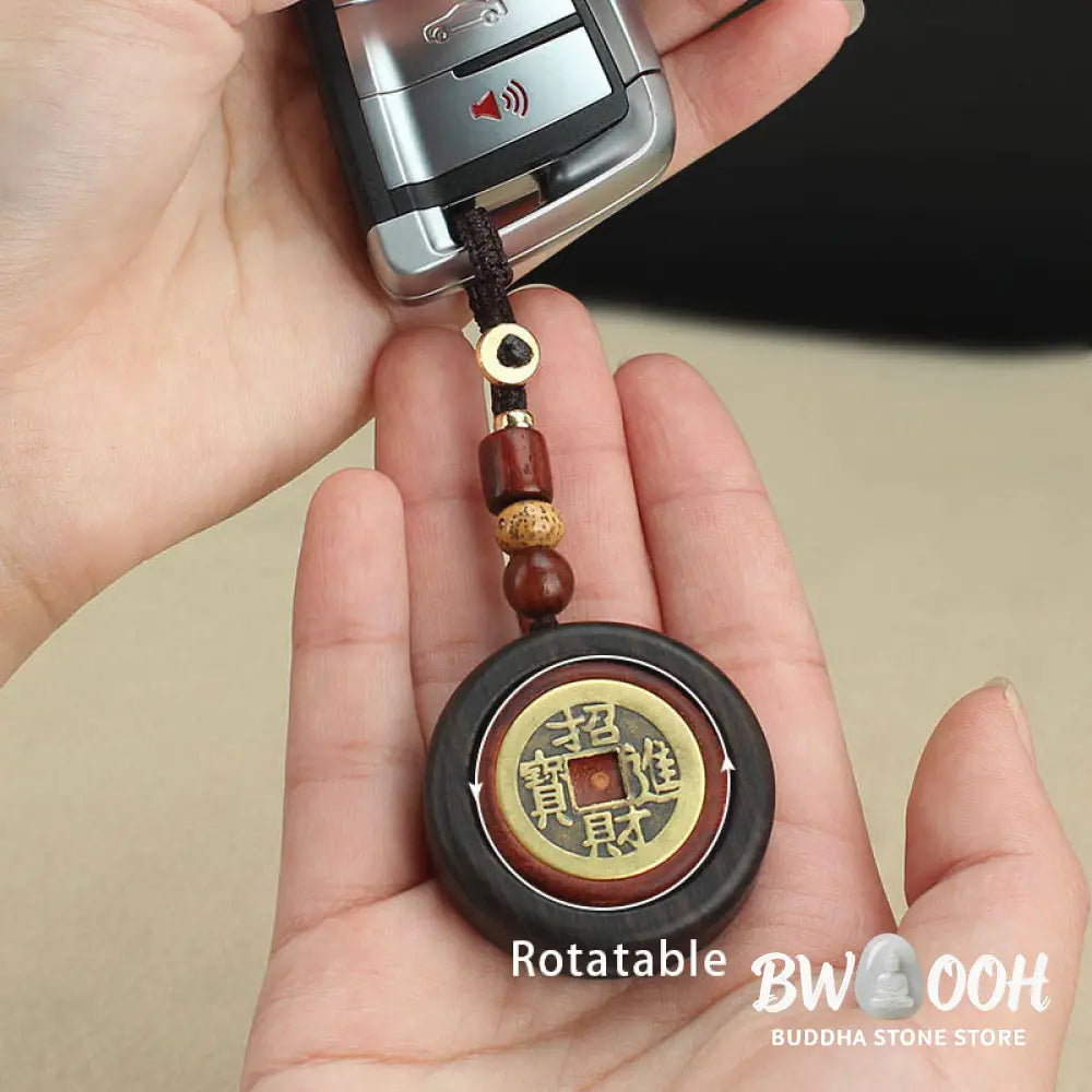 Buddha Stones Copper Coin Attract Wealth Ebony Wood Red Sandalwood Luck Key Chain Decoration - Key Chain