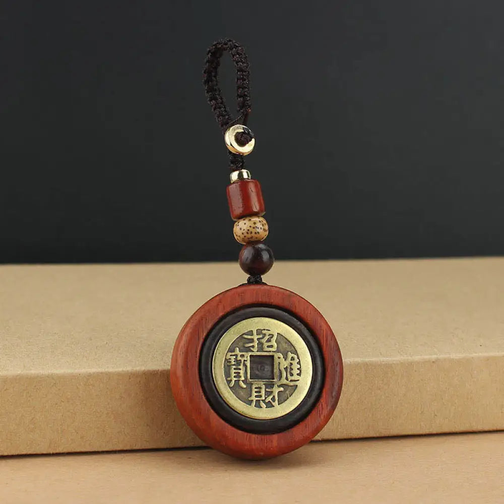 Buddha Stones Copper Coin Attract Wealth Ebony Wood Red Sandalwood Luck Key Chain Decoration - Red Sandalwood - Key