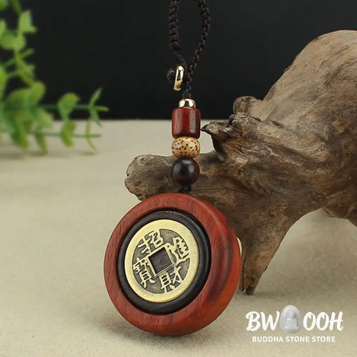 Buddha Stones Copper Coin Attract Wealth Ebony Wood Red Sandalwood Luck Key Chain Decoration - Key Chain