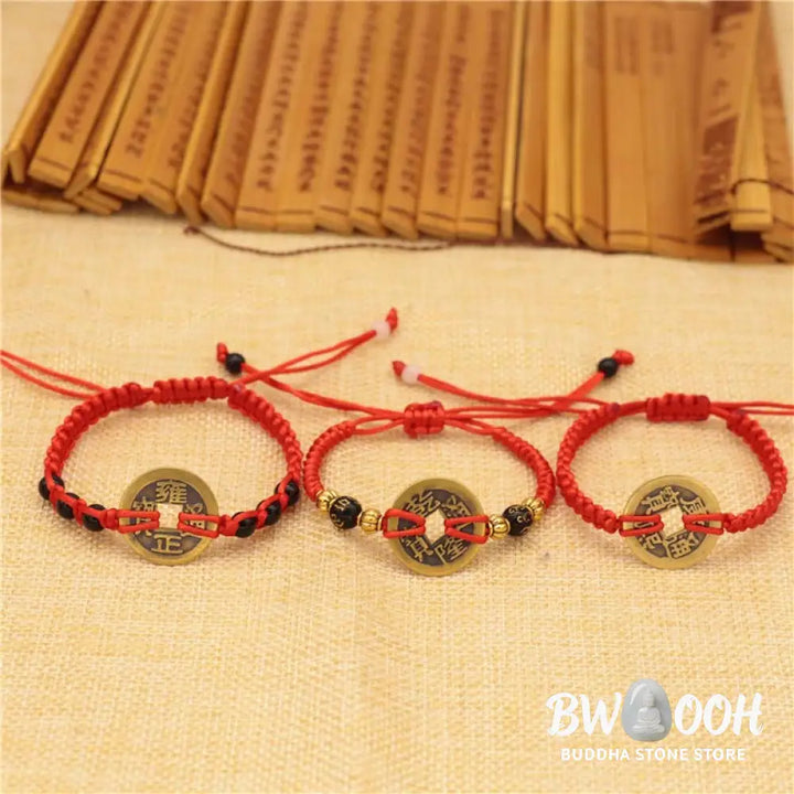 Buddha Stones Copper Coin Fortune Red String Weave Bracelet - Bracelet