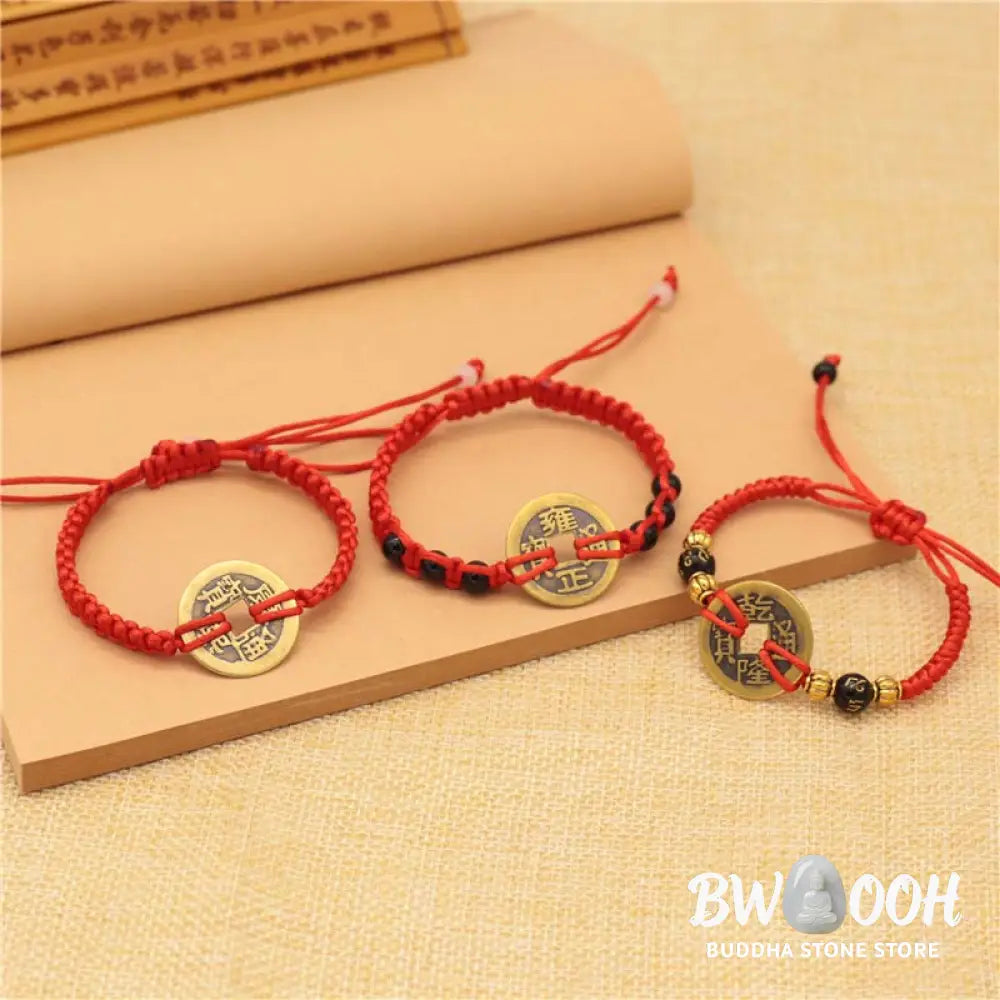 Buddha Stones Copper Coin Fortune Red String Weave Bracelet - Bracelet