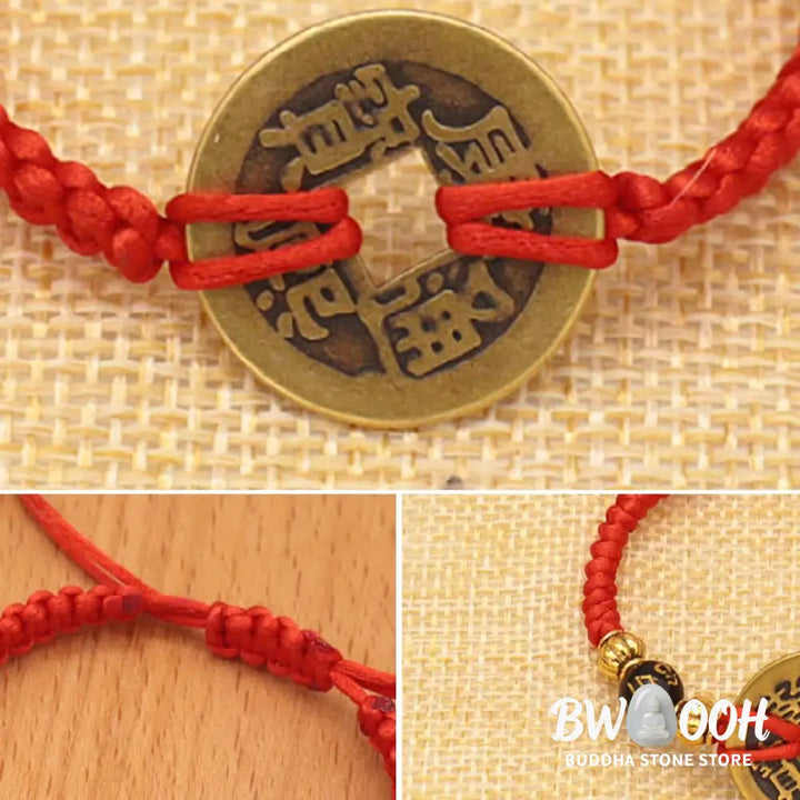 Buddha Stones Copper Coin Fortune Red String Weave Bracelet - Bracelet