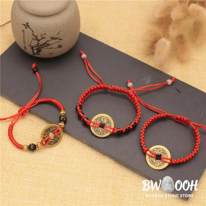 Buddha Stones Copper Coin Fortune Red String Weave Bracelet - Bracelet