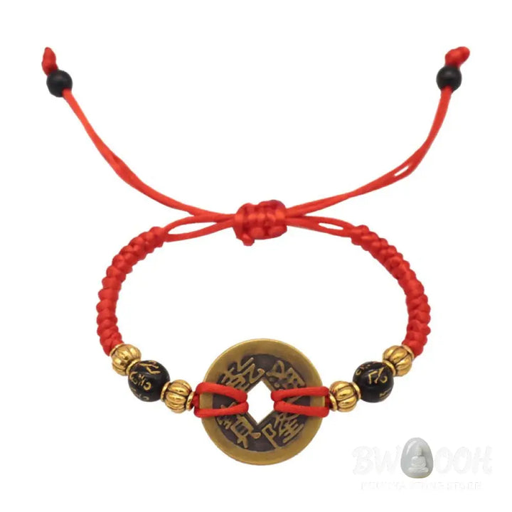 Buddha Stones Copper Coin Fortune Red String Weave Bracelet - Bracelet