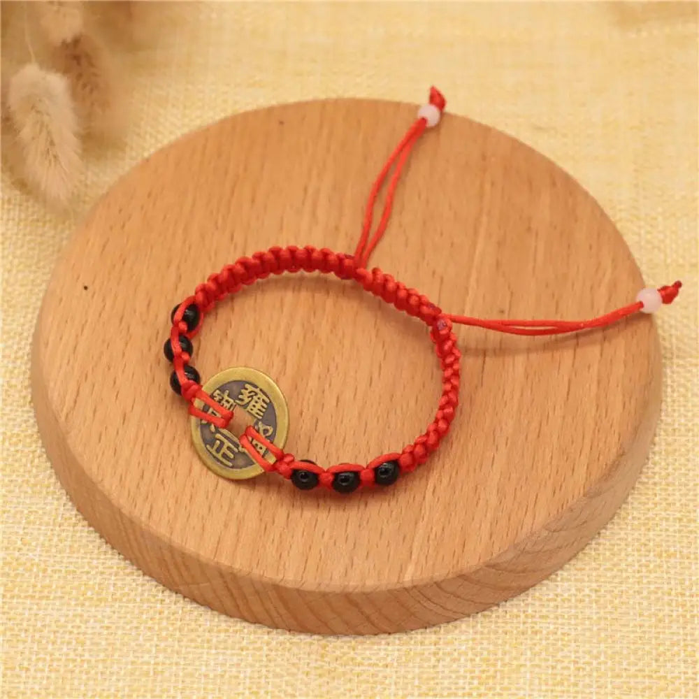 Buddha Stones Copper Coin Fortune Red String Weave Bracelet - Black Beads&amp;Copper Coin(Bracelet Size 14-20cm) - Bracelet