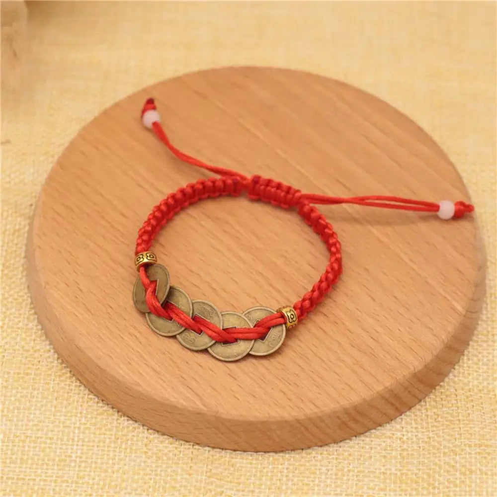 Buddha Stones Copper Coin Fortune Red String Weave Bracelet - Five Copper Coins(Bracelet Size 14-20cm) - Bracelet