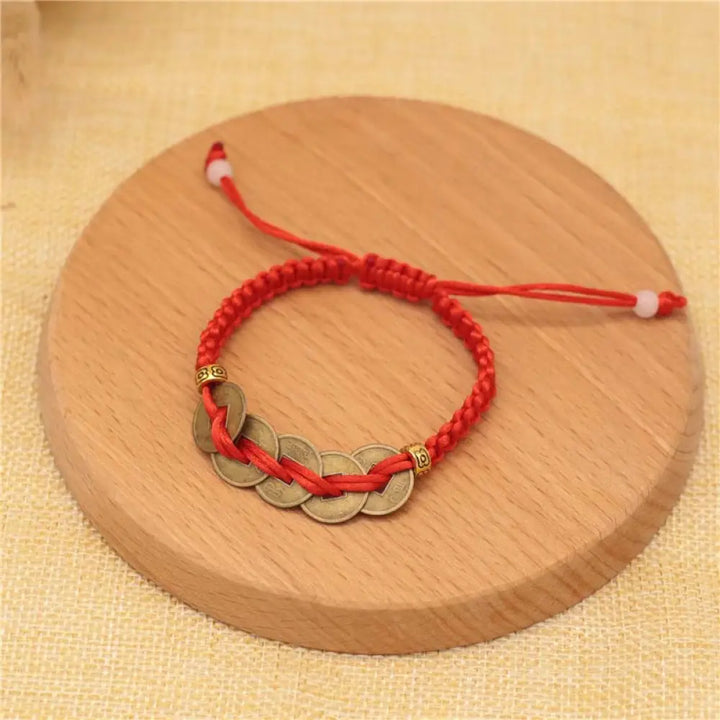 Buddha Stones Copper Coin Fortune Red String Weave Bracelet - Five Copper Coins(Bracelet Size 14-20cm) - Bracelet