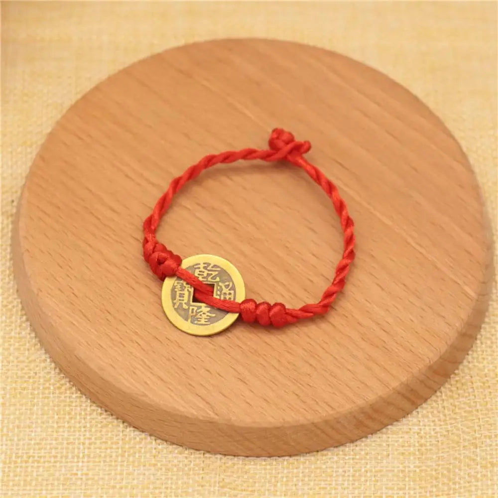 Buddha Stones Copper Coin Fortune Red String Weave Bracelet - Knot Copper Coin(Bracelet Size 14-20cm) - Bracelet