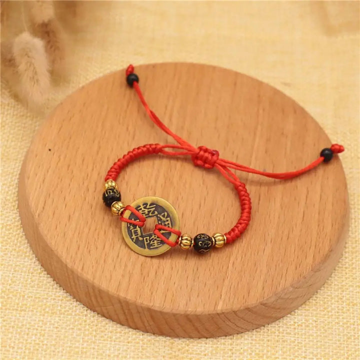 Buddha Stones Copper Coin Fortune Red String Weave Bracelet - Six-character Mantra(Bracelet Size 14-20cm) - Bracelet