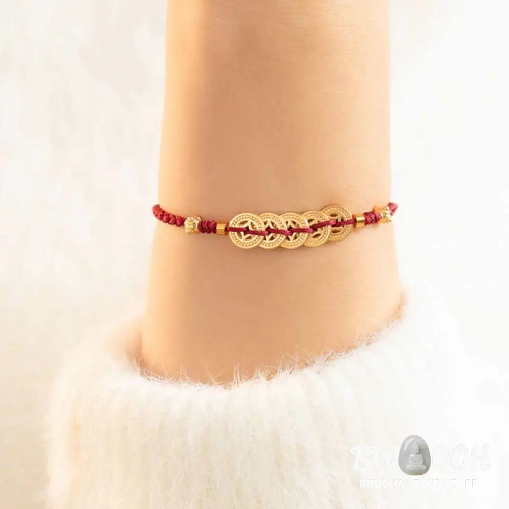 BWOOOH Copper Coin Fortune Tree Luck Strength Braided Bracelet - Copper Coin / Red(Wrist Circumference 14-18cm)
