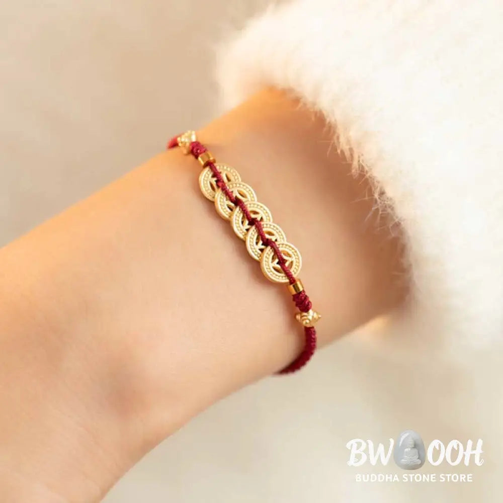 BWOOOH Copper Coin Fortune Tree Luck Strength Braided Bracelet - Copper Coin / Red(Wrist Circumference 14-18cm)