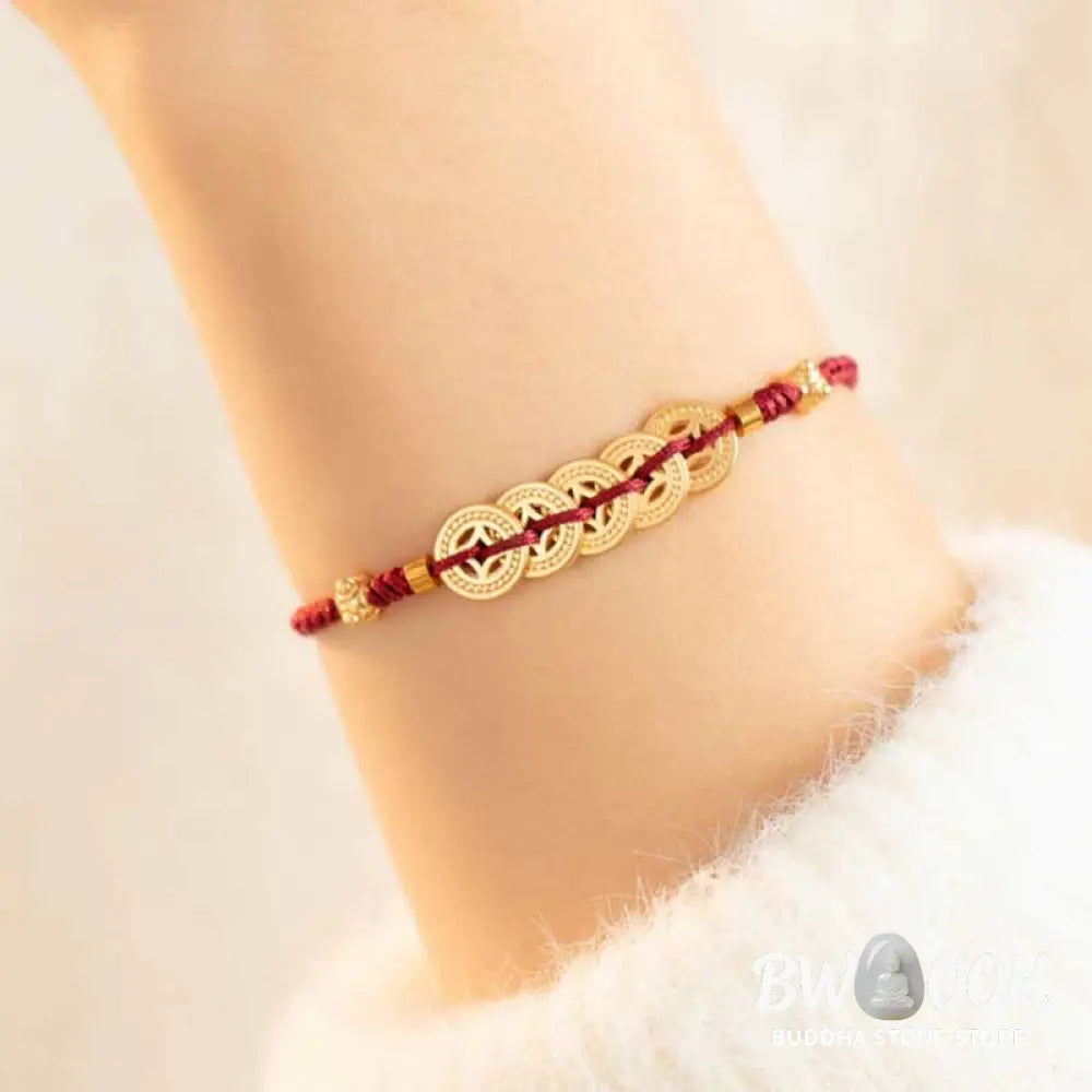 BWOOOH Copper Coin Fortune Tree Luck Strength Braided Bracelet - Copper Coin / Red(Wrist Circumference 14-18cm)
