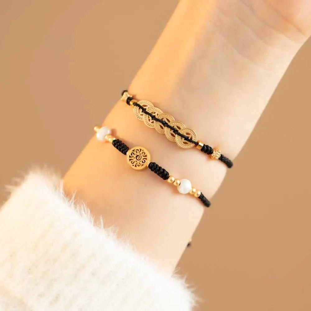 BWOOOH Copper Coin Fortune Tree Luck Strength Braided Bracelet - Copper Coin / Red(Wrist Circumference 14-18cm)