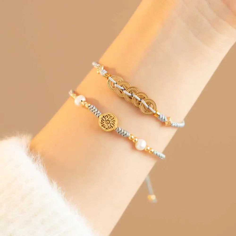 BWOOOH Copper Coin Fortune Tree Luck Strength Braided Bracelet - Copper Coin / Red(Wrist Circumference 14-18cm)